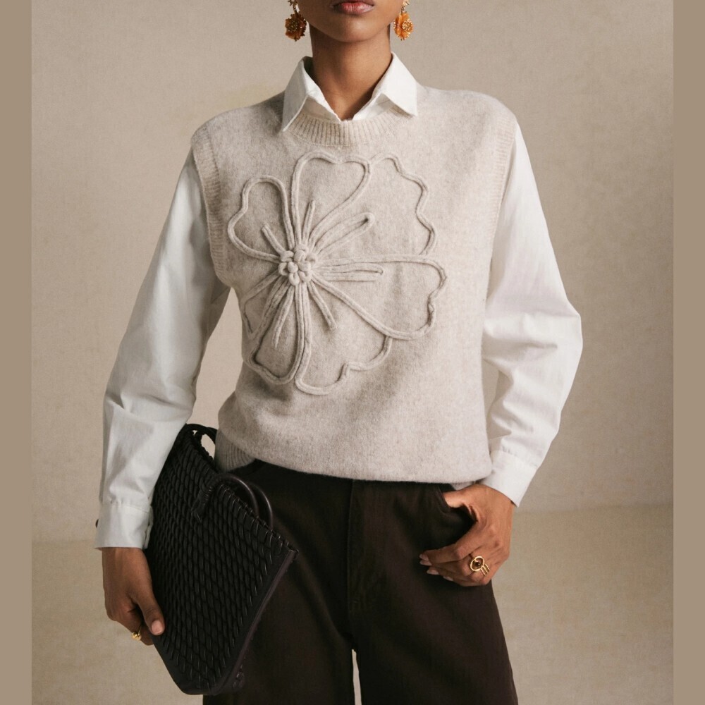 Heather Gray Floral Applique Knit Sweater Vest
